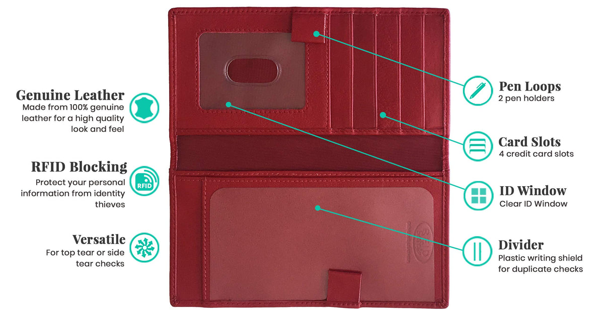 123 Cheap Checks Red RFID Leather Checkbook Cover With Credit Card Slots and Pen Holder