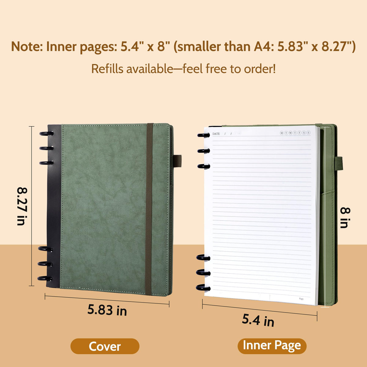 Yoment Leather Journal Notebooks for Work Refillable 224 Page 100 GSM Thick 5 Subject Notebook with Removable Dividers Tabs Hardcover Notebook for School Note Taking Teachers Women Men 6.1 x 8.3,Green