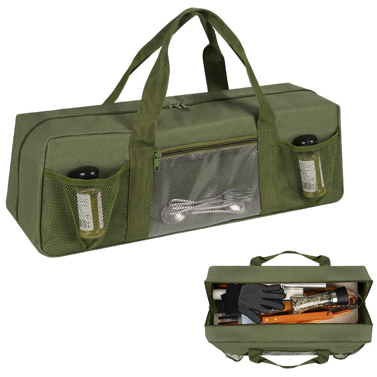 Frjjthchy Grill Tool Storage Bag, Large Grill Utensil Storage Caddy with Pockets, Portable Grill Accessory Storage Bag for Outdoor Camping & BBQ (Green)