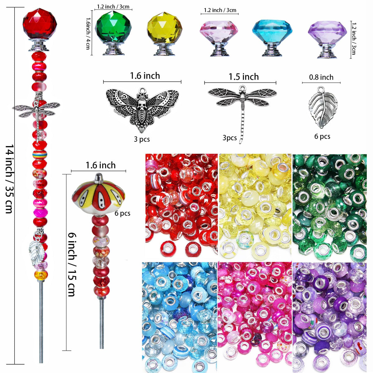 Fairy Wand Garden Stake Beads Kits,Beaded Decorative Garden Stakes Kit, 6 Large(14in) + 6 Mini (6in) Beaded Fairy Garden Stakes with Crysta l& Ceramic Toppers