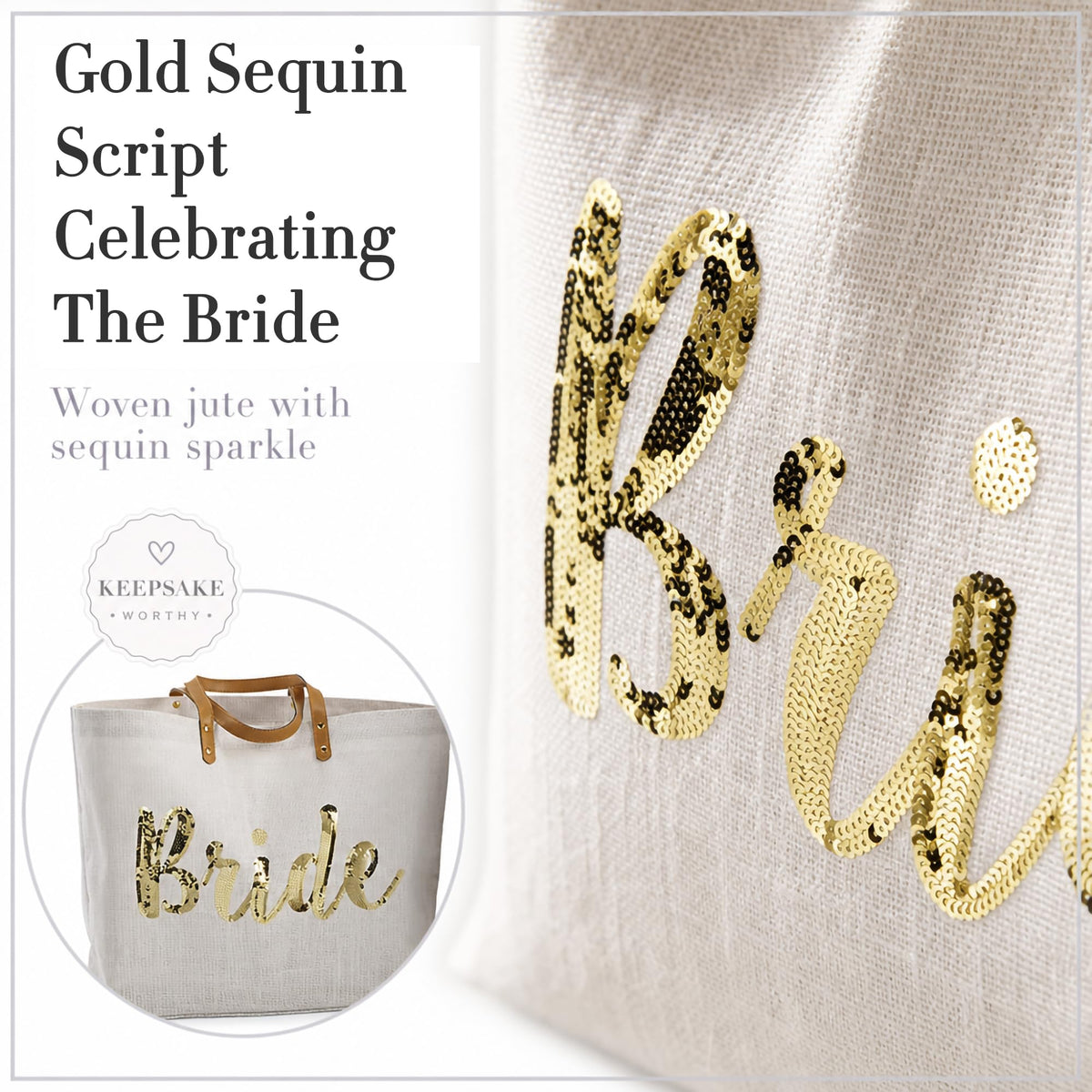 Mud Pie Bride Tote Bag, Bridal Shower Gift with Gold Sequin Script, Bridal Bag With Vegan Leather Handles