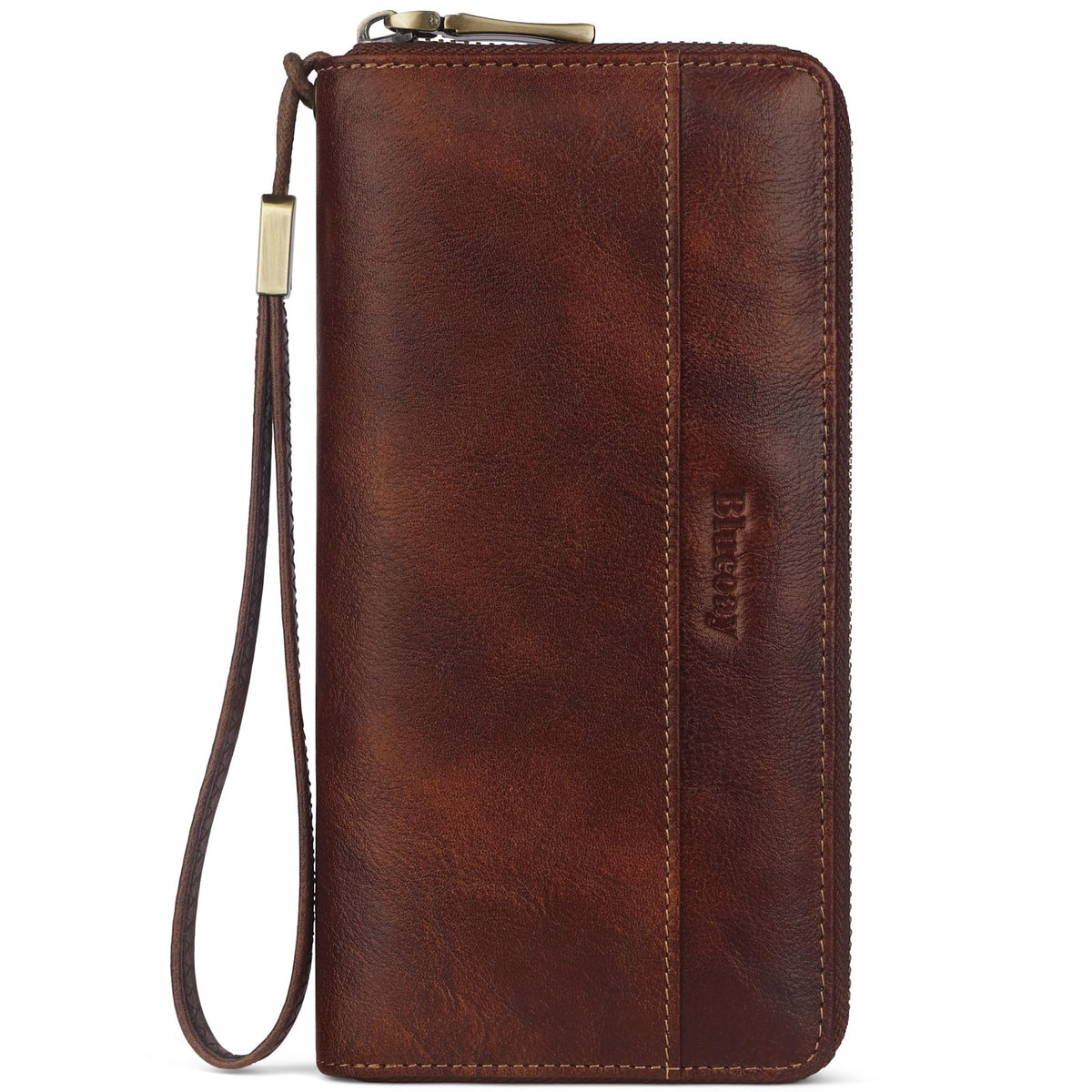 Blucoay Leather Wallet Women Wristlet RFID Blocking Large Capacity Long Wallet For Women Card Holder With Zip Coin Pocket(darkbrown)