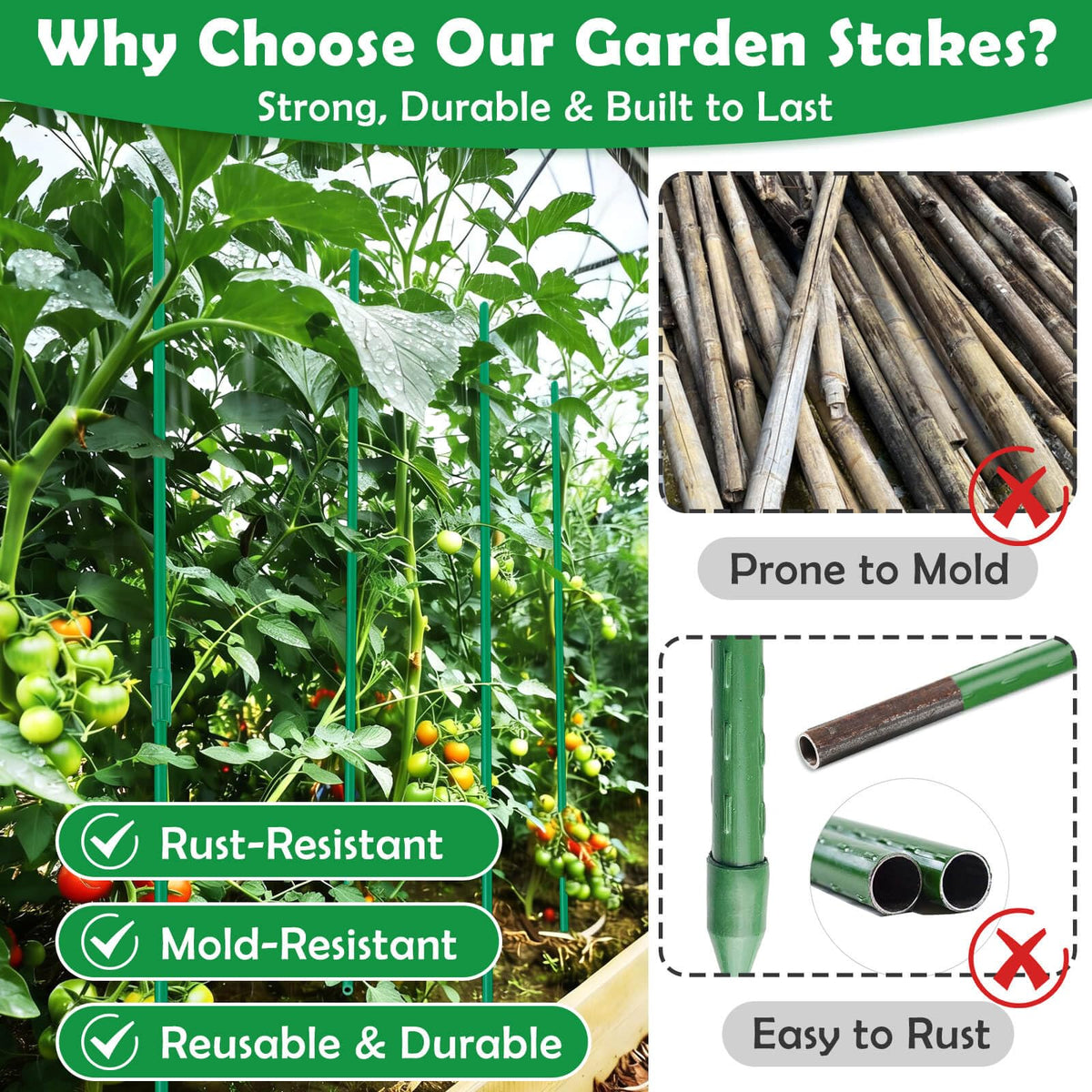 Tetutor 337 PCS Garden Stakes, Fiberglass Tomato Stakes, Garden Sticks with Accessories, 105 Sets DIY 4ft, 5ft, 6ft, 7ft Plant Stakes, Plant Sticks Supports for Indoor Outdoor Plants, Vegetables