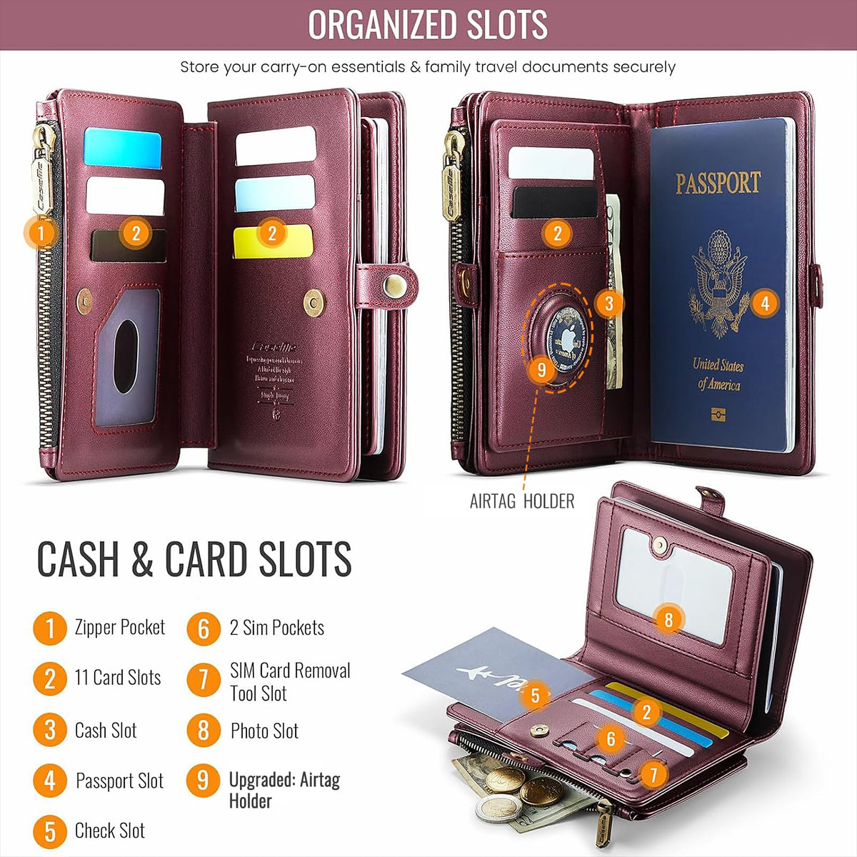 XIMAND Passport Holder Wallet Bag with AirTag Holder, 11 Card Slots and Passport Solt Cash Solt Photo Solt Zipper Pocket, RFID Blocking Wristlet Strap.Wine