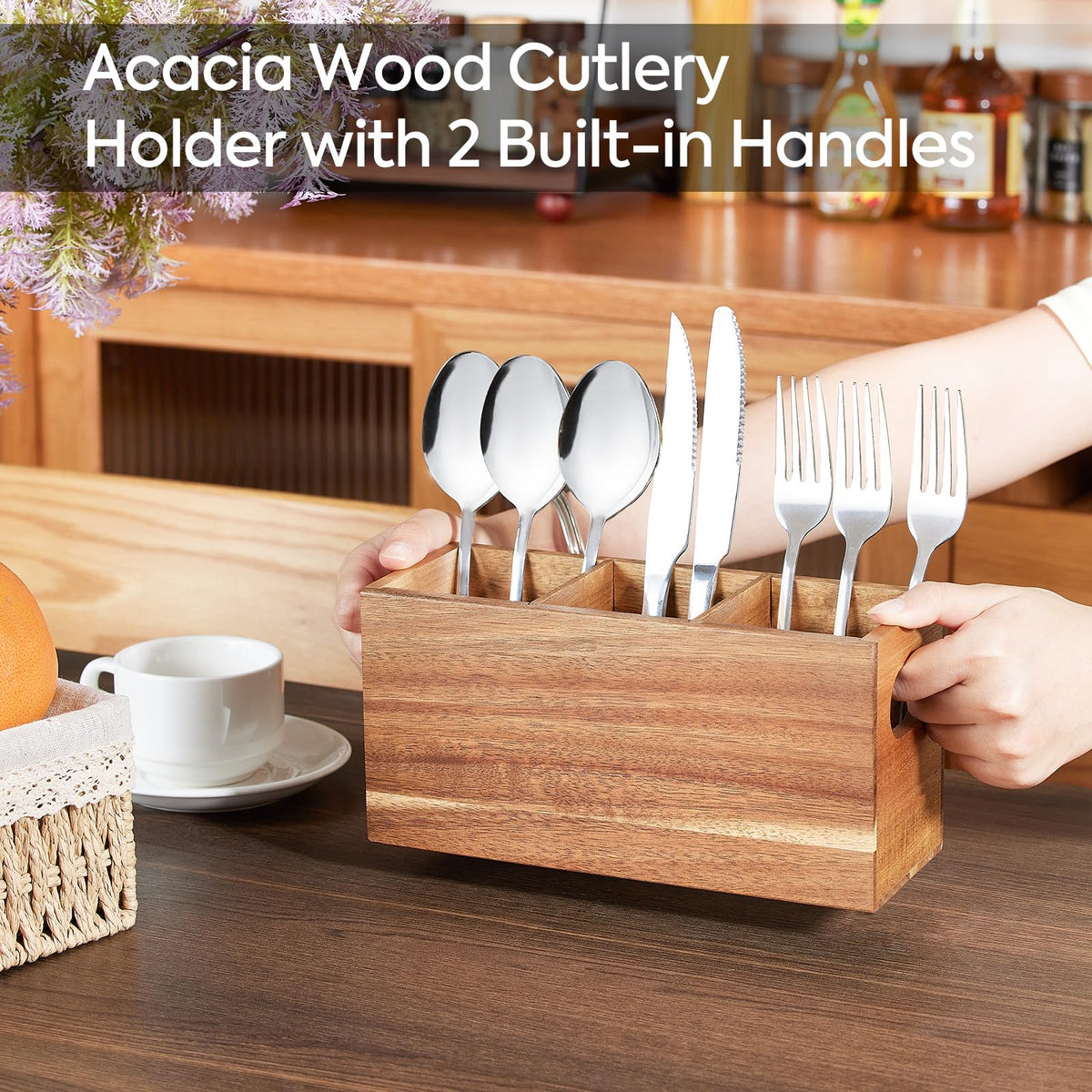 VIVIRBIEN Acacia Wooden Silverware Holder, Kitchen Utensil Caddy with 3 Compartments, Cutlery Storage Organizer Countertop, Flatware Organizer for Party, Spoon, Fork Holder