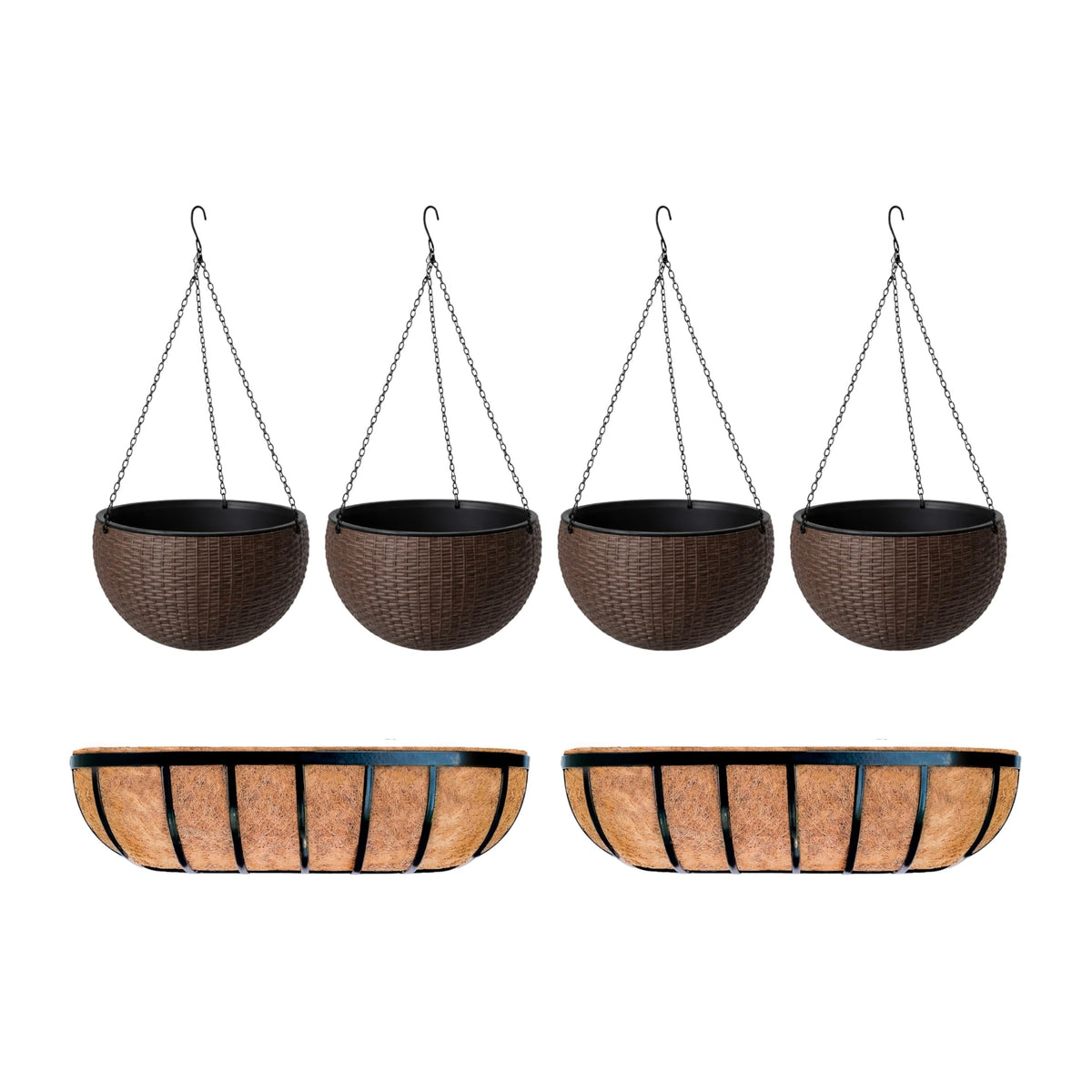 LaLaGreen Bundle- 4 Pack, 11 Inch Self Watering Hanging Basket + 2 Pack, 24 Inch Metal Basket with Coco Liner Wall Mount Fence Rail Planter Round Plastic Flower Pots Balcony Porch Patio Outdoor Garden