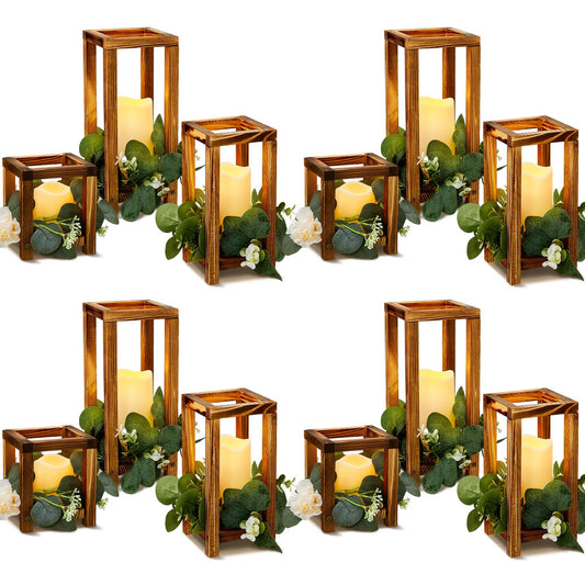 24 Pcs Wooden Candle Lantern Include 12 Wedding Lantern Centerpiece 12 Flameless Decorative Candles Holders Wedding Centerpieces for Tables Party Decor(Brown)