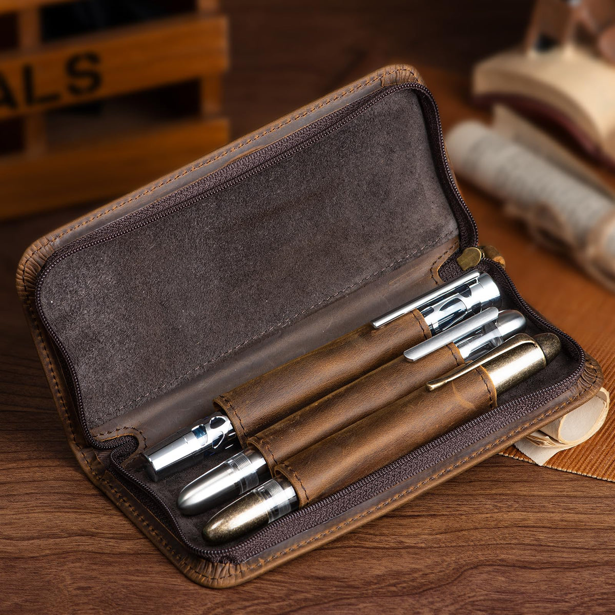 Asvine Fountain Pen Case 3 Divided Slots Crazy Horse Leather Pen Holder, Handmade Display Zippered Pouch for Rollerball Pen-Retro