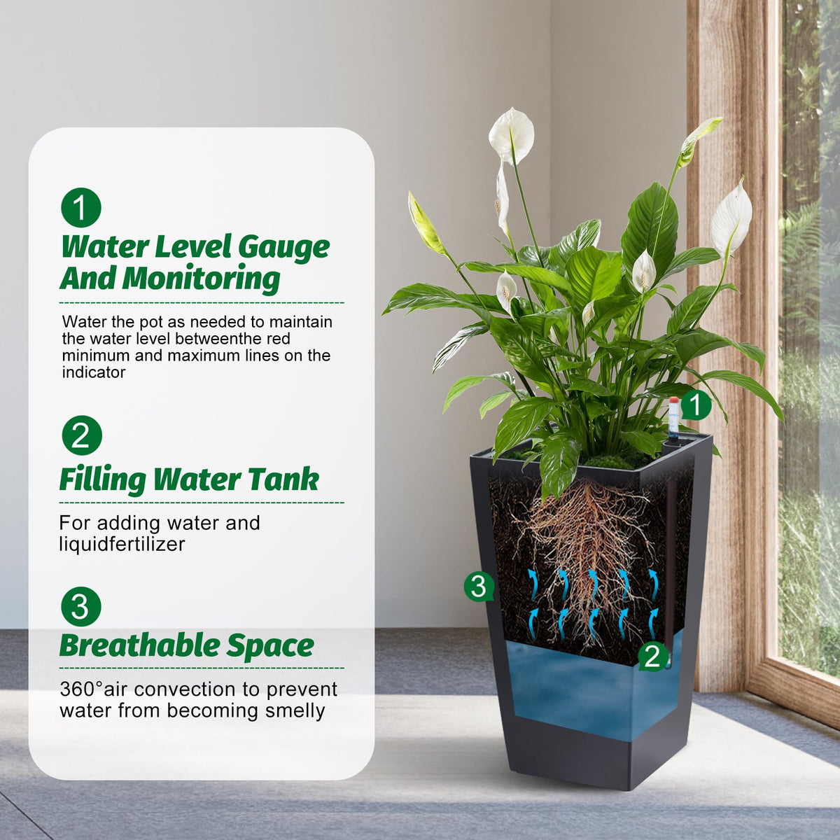 Garvee 16" Tall Planters Set of 2, Outdoor＆Indoor Black Planter Pots, High Front Porch Planter Pots with Drainage Holes＆Water Level Monitor＆Inner Bucket,Black
