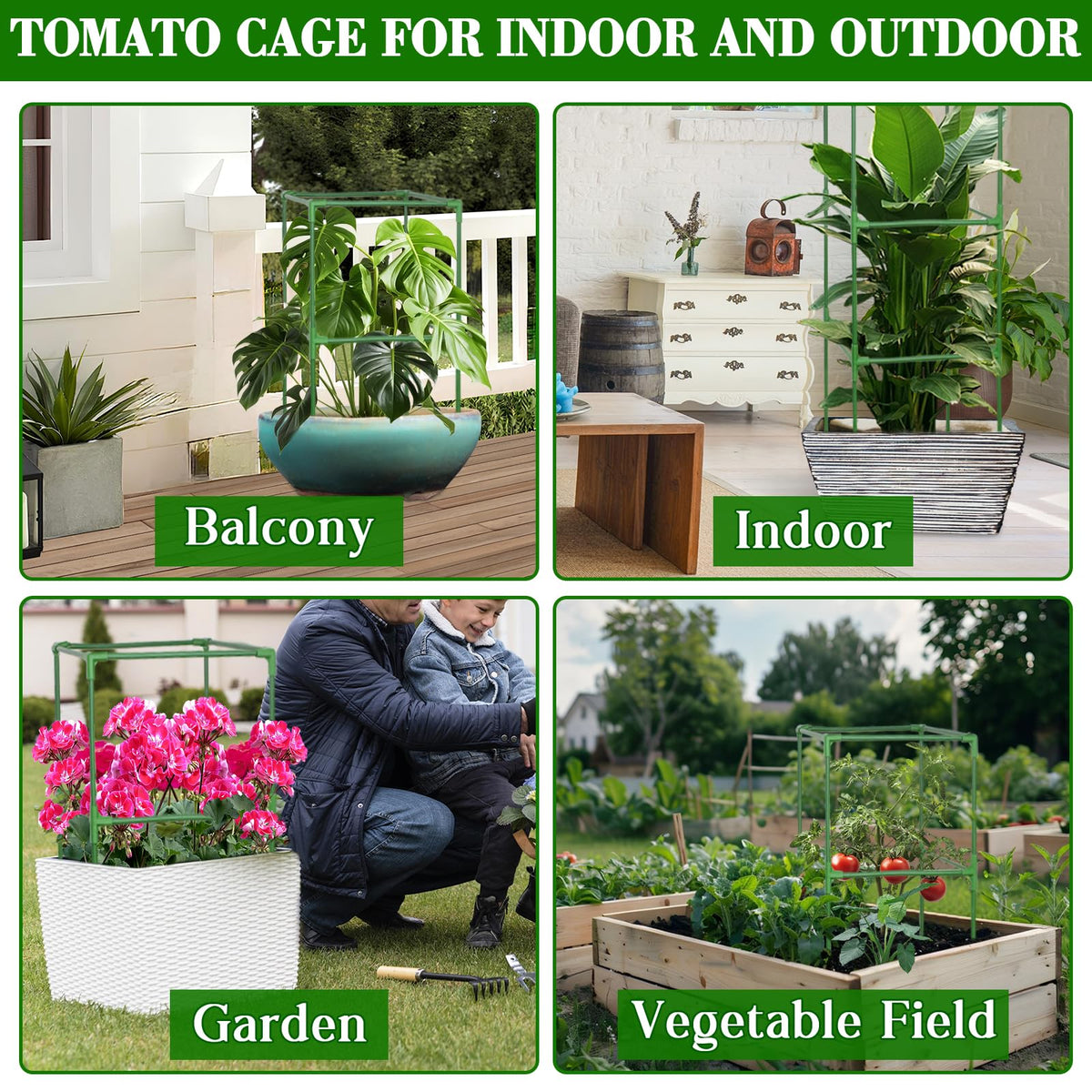 ZeeDix 6 Pack Heavy Duty Tomato Cages for Garden 60 Inches, Square Adjustable Tomato Trellis Cage Climbing Plant Support Trellis Plant Cages for Climbing Vegetables Flowers with 40Pcs Clips