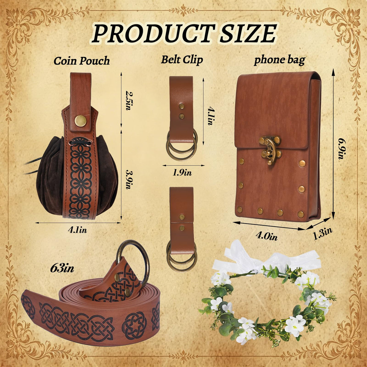 Renaissance Belt Pouch Set, Medieval Accessories, Pirate Belt with Coin Purse & Floral Headpiece for Cosplay (Brown)