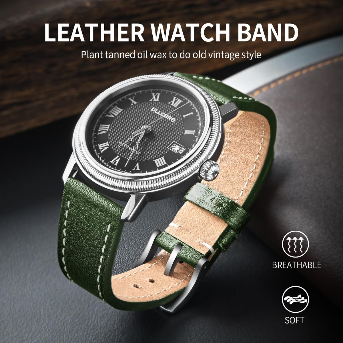 ULLCHRO Leather Watch Straps for Men & Women - Quick Release - Stainless Steel Buckle - Replacement Strap - Band With 17mm, 18mm, 19mm, 20mm, 21mm, 22mm (20mm, Green)