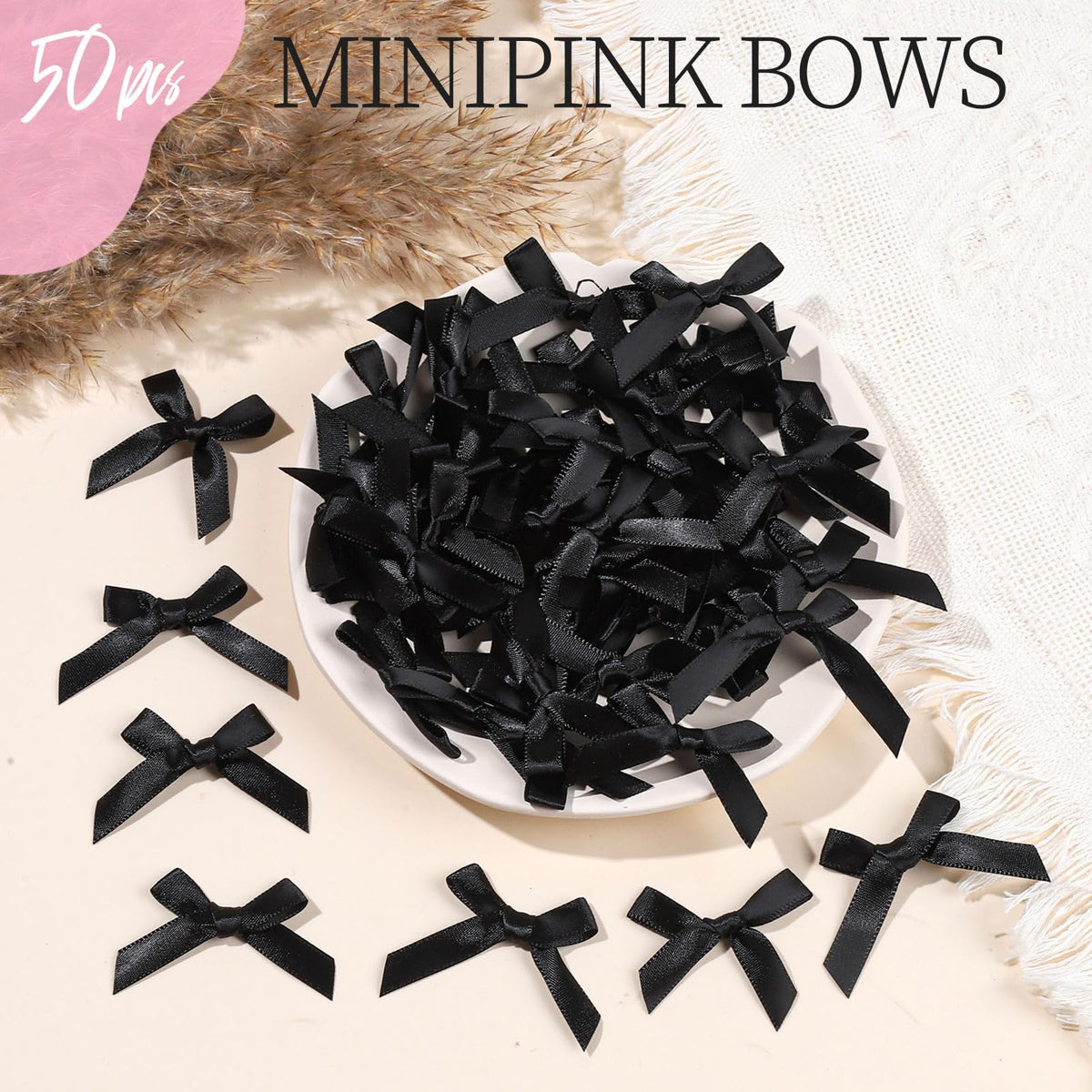 YGDZ 50 PCS Mini Black Bows, Small Stain Ribbon Black Bow for Cake, Tiny Bows for Crafts, Bow Decorations for Party Favors, Balloons