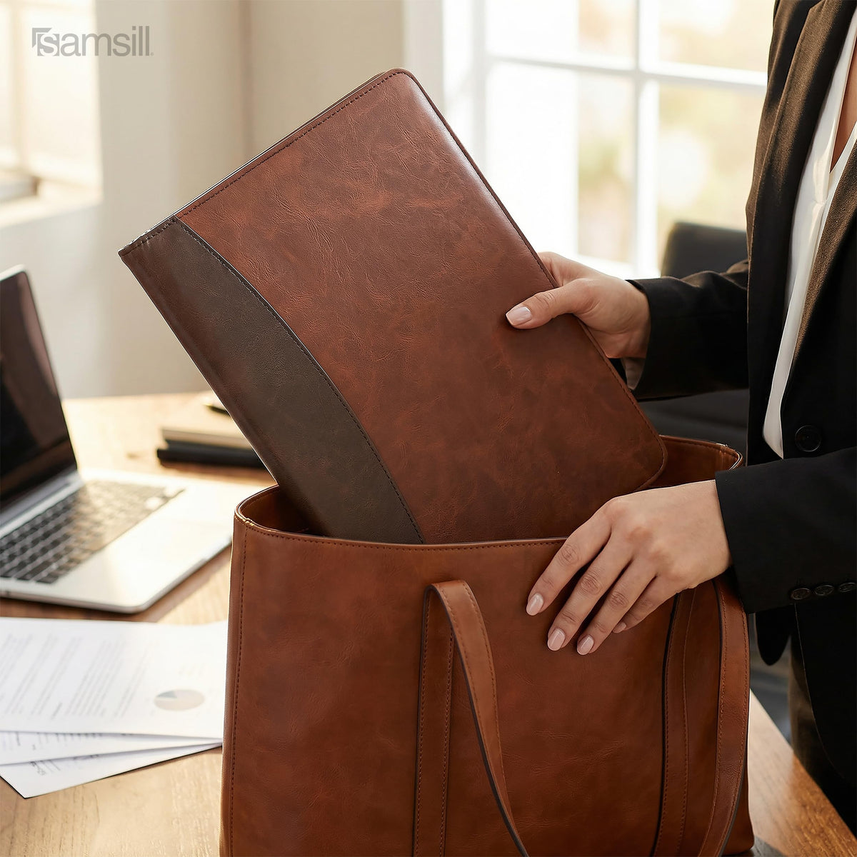 Samsill Two-Tone Padfolio Portfolio Folder, Professional Resume and Document Organizer with 8.5 x 11 Writing Pad, Business Card Pockets and Pen Holder, Faux Leather, Brown/Dark Brown