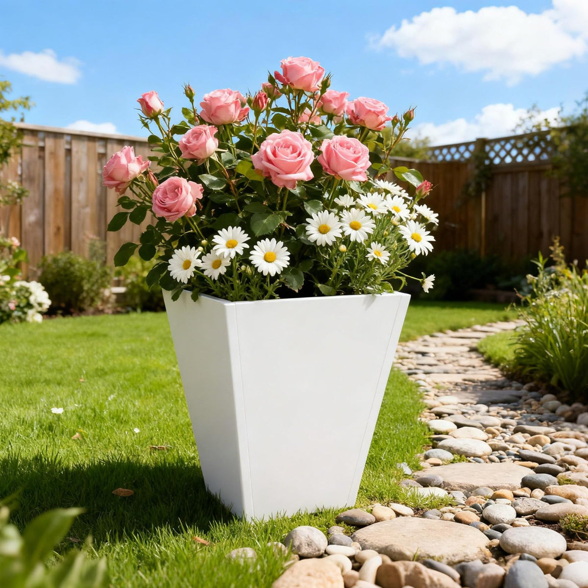 Kllkmmws Garden Planters, Indoor Outdoor Large Iron Taper Plant Pot with Bottom Drain Hole, Flower Pots for Front Porch, Patio, Balcony (White, 16 * 16 * 18in)