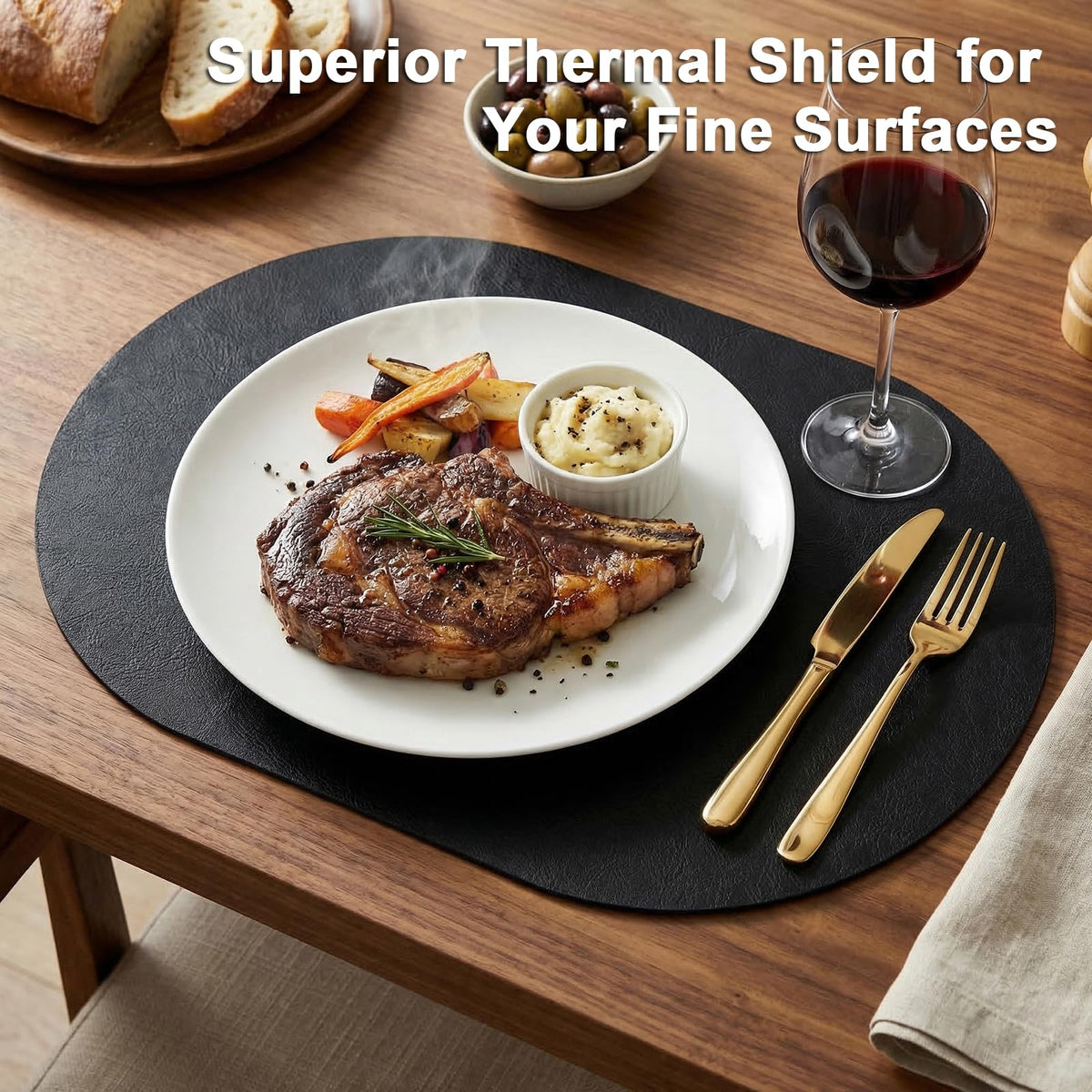 BIPASION Oval Placemats 2mm Ultra Thick Faux Leather Table Mats, Heat Resistant Waterproof Wipeable Dining Mats for Kitchen Table, Set of 8, Black