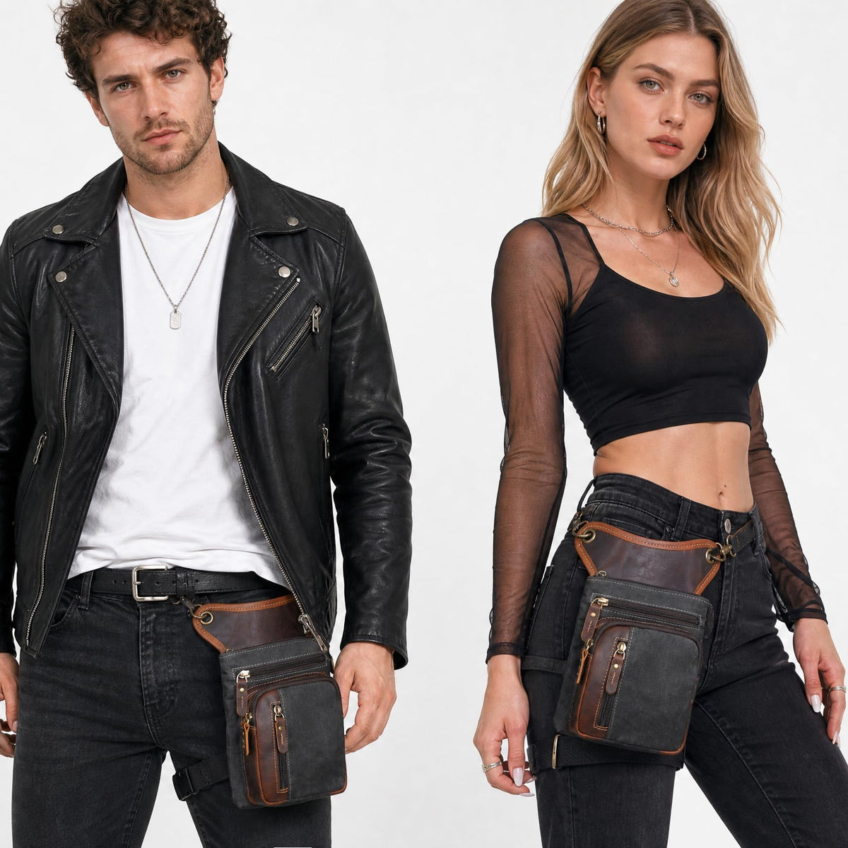 Handadsume Water Resistant Canvas + Leather Motorcycle Fanny Waist Pack One Shoulder Drop Leg Thigh Bag For Men Women FB211-6 (Z-211-11-Black)
