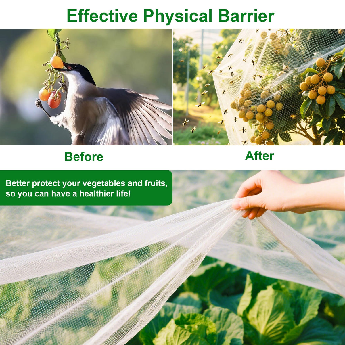 FOTMISHU Garden Netting 10x50FT Ultra Fine Mesh Netting Bird Barrier Protection Vegetable Fruit Tree Bushes Plant Cover for Raised Bed