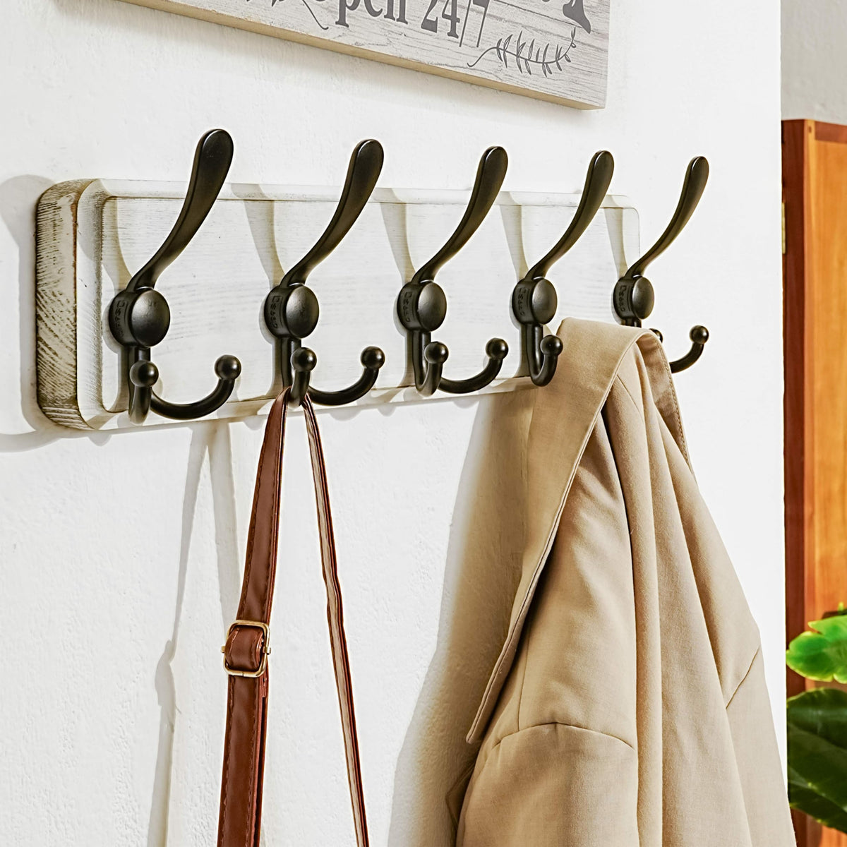 Dseap Coat Rack Wall Mounted - 5 Tri Hooks, Heavy Duty, Wooden Wall Coat Hanger Coat Hook for Clothes Hat Jacket Clothing, White & Black