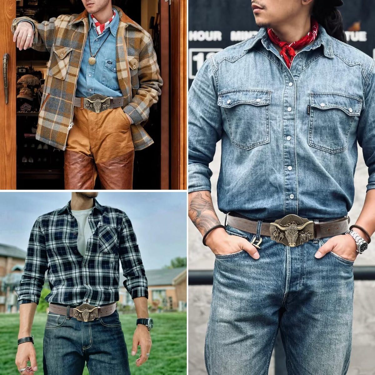 JIMJOY Men's Western Leather Belt Cowboy Belts for Men Big Engraved Buckle Belts