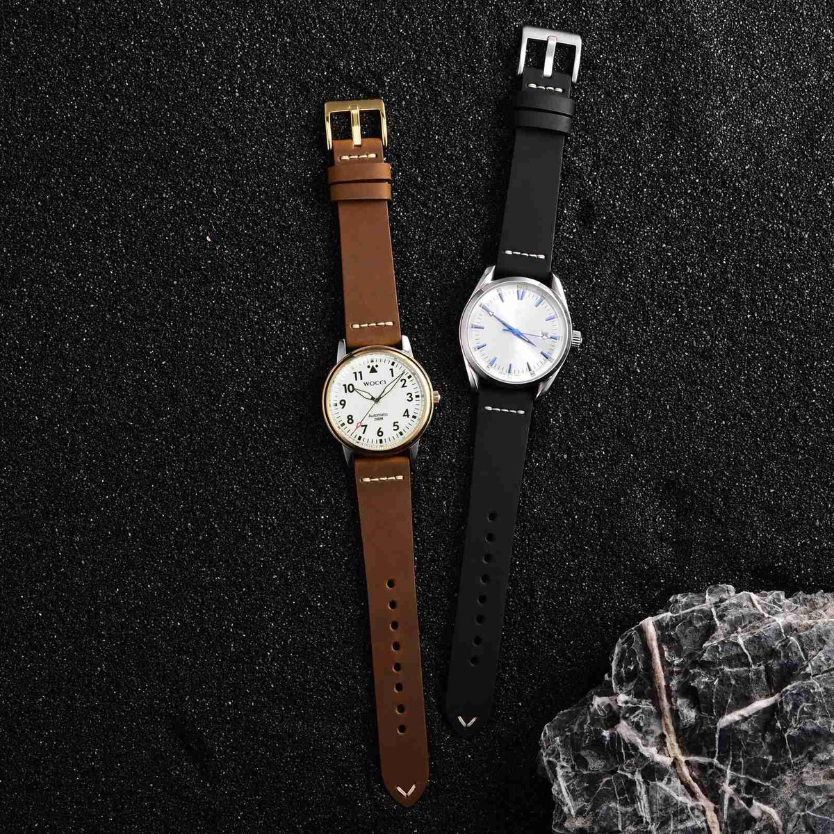 WOCCI 22mm Old-fashioned Watch Band for Men, Top Grain Leather, Silver Brushed Buckle (Caramel Brown)