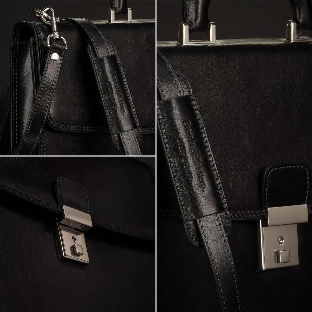 Time Resistance Leather Briefcase - Italian Handmade Leather Laptop Bag - Handbag for Men - Professional Computer Case (Black)