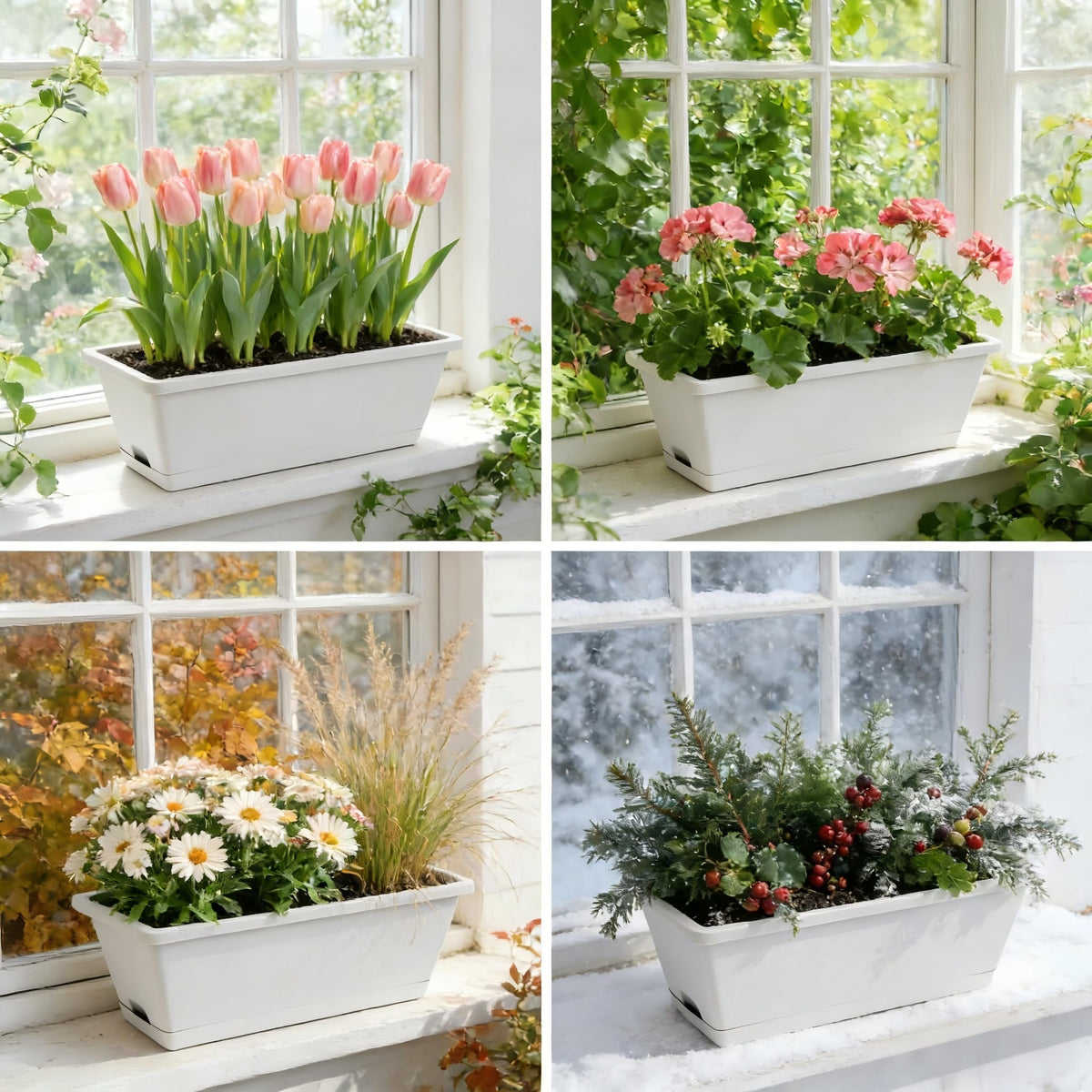 8pcs Rectangle Window Boxes Planters, 17 Inches Long Window Sill Planter Box Outdoor, Plastic Rectangular Window Flower Herb Pots Indoor with Drainage Holes and Trays for Garden Windowsill Light Grey
