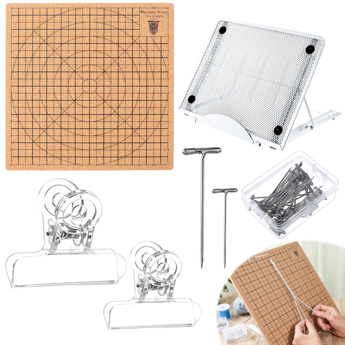 104 Pcs Macrame Board and Metal Adjustable Holder with T Pins Clips Macrame Supplies Double Sided Grids Macrame Project Board Macrame Tools for Braiding Cording Bracelet (11.8 x 11.8 Inch)