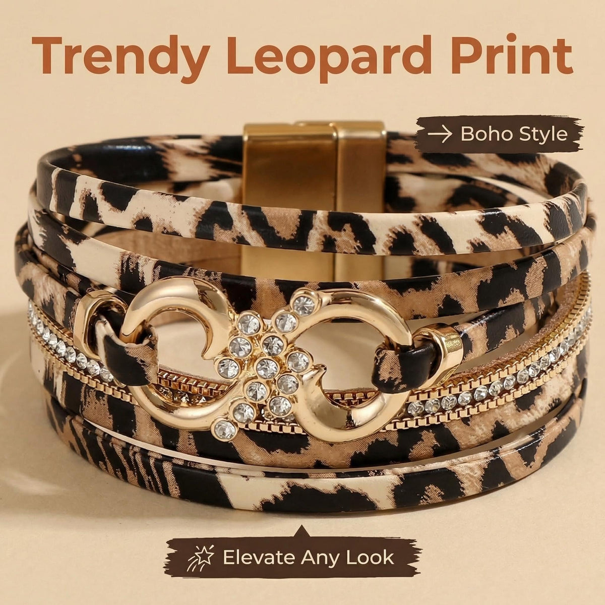 Hopeicy Leopard Bracelet for Women, Boho Leopard Print Wrap Bracelet with Rhinestone Gold Buckle, Magnetic Clasp Layered Leather Cuff Bracelet, Cheetah Print Jewelry Fashion Accessories Gift for Women