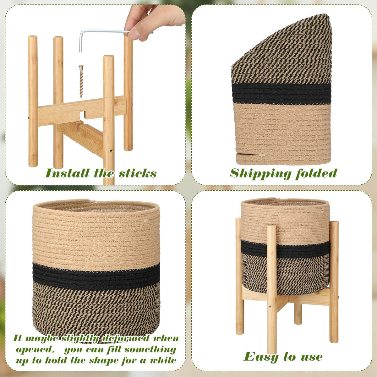 Sunnychicc Plant Basket with Stand Indoor Planter Pot Holder Sturdy Jute Rope Modern Woven Basket, Cotton Rope Woven Pot with Bamboo Stand(10 Inch,Black and Beige Stripes)