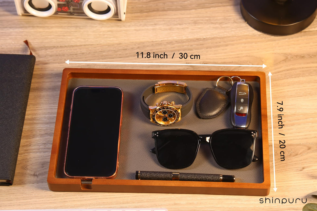 Shinpuru Wooden Valet Tray for Men, Nightstand Organizer with Leather Inlay, EDC Essentials Catchall Tray for Keys, Phone, Wallet, Watch, Earbuds - Bedside Desk Entryway Tray (Wood-Full)