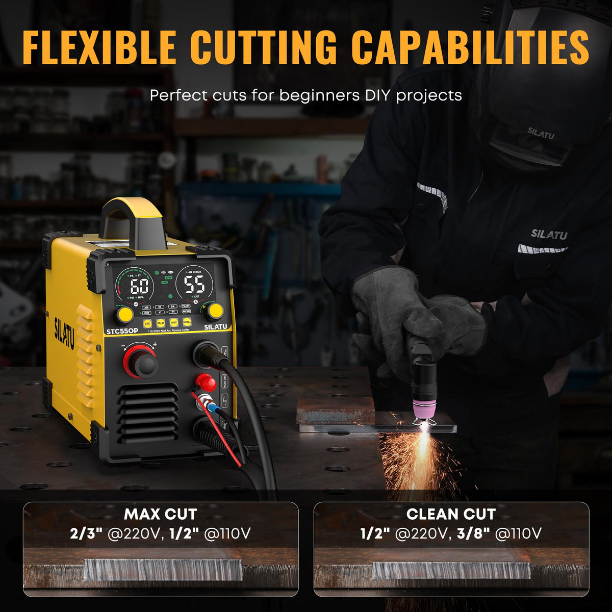 SILATU 55Amps Plasma Cutter, STC550P HF Non-Touch Pilot Arc Plasma Cutter Machine, 110/220V Dual Voltage LED Display Air Sensor Technology, 1/2'' Clean Cut 2/3'' Max Cut, PT/2T/4T for Beginners DIY