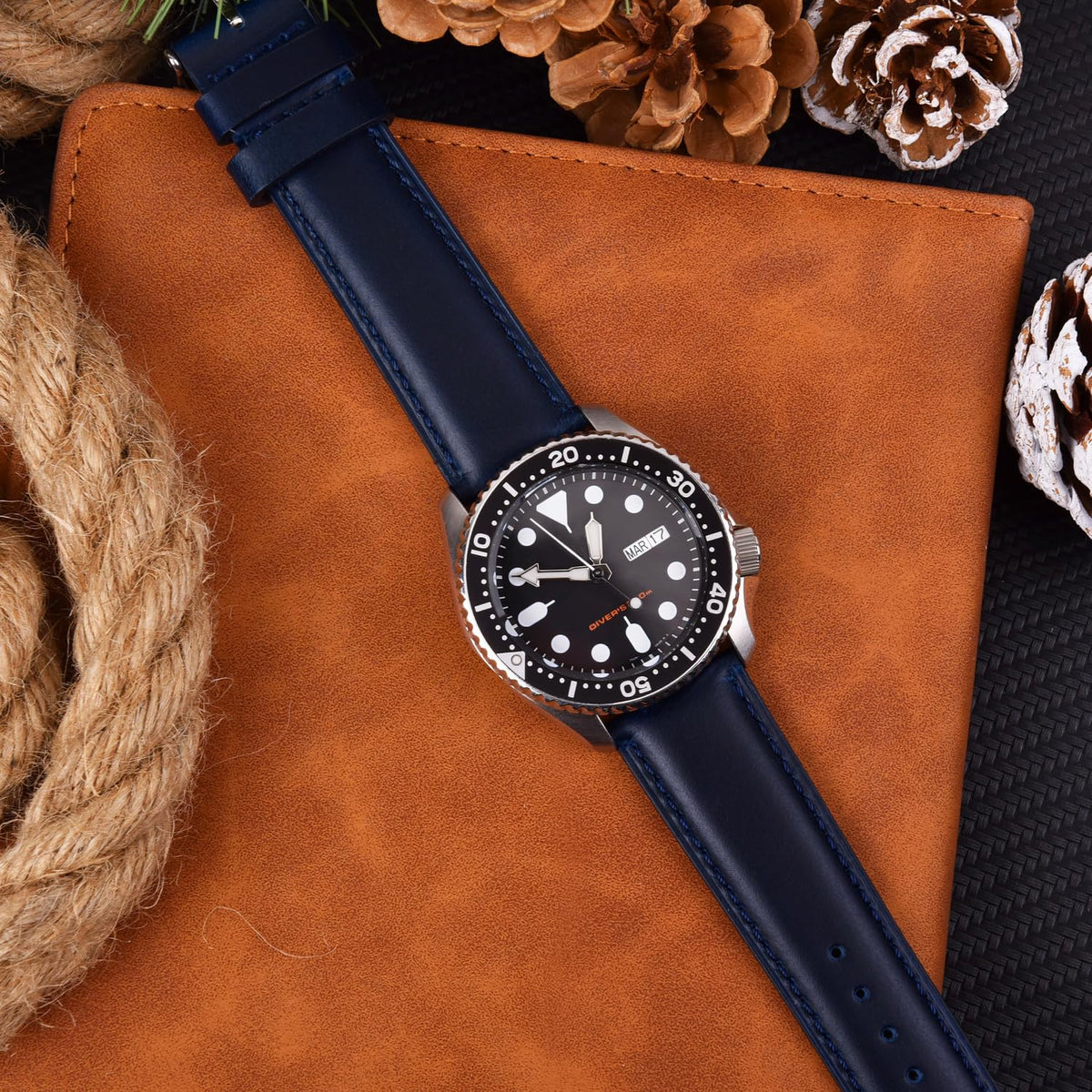 Ritche Quick Release Leather Watch Band 18mm 19mm 20mm 21mm 22mm 23mm 24mm Leather Watch Strap, Dark Blue & Silver, 22 mm, Vintage