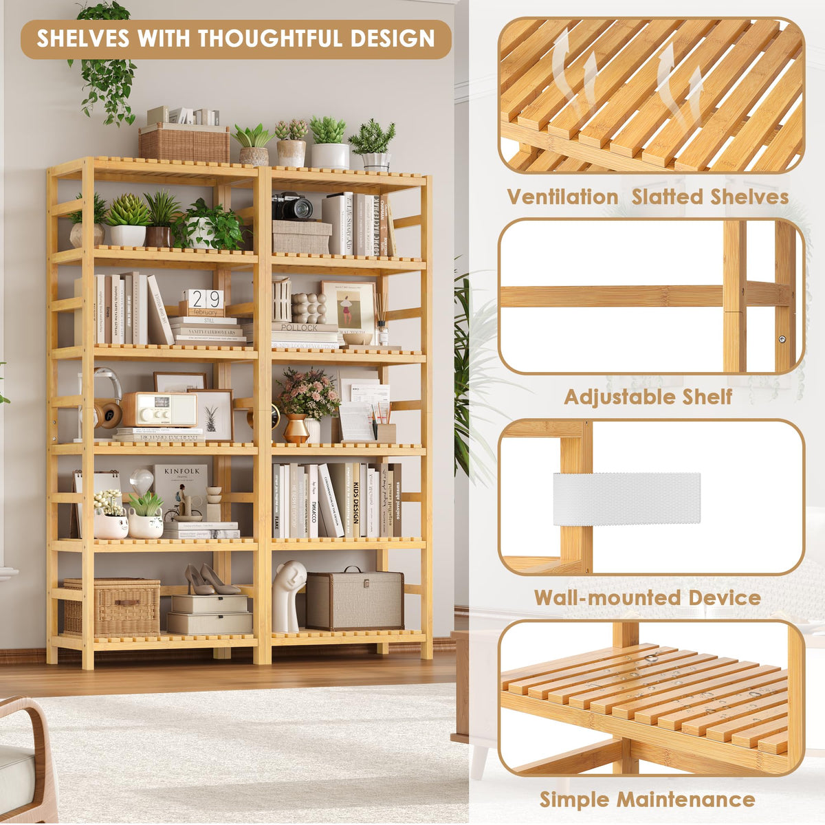 FOTOSOK 6-Tier Bamboo Shelf, Bamboo Bookcase with Adjustable Shelves, Free Standing Storage Shelf Unit, Plant Flower Stand for Kitchen, Bathroom, Home Office, Natural