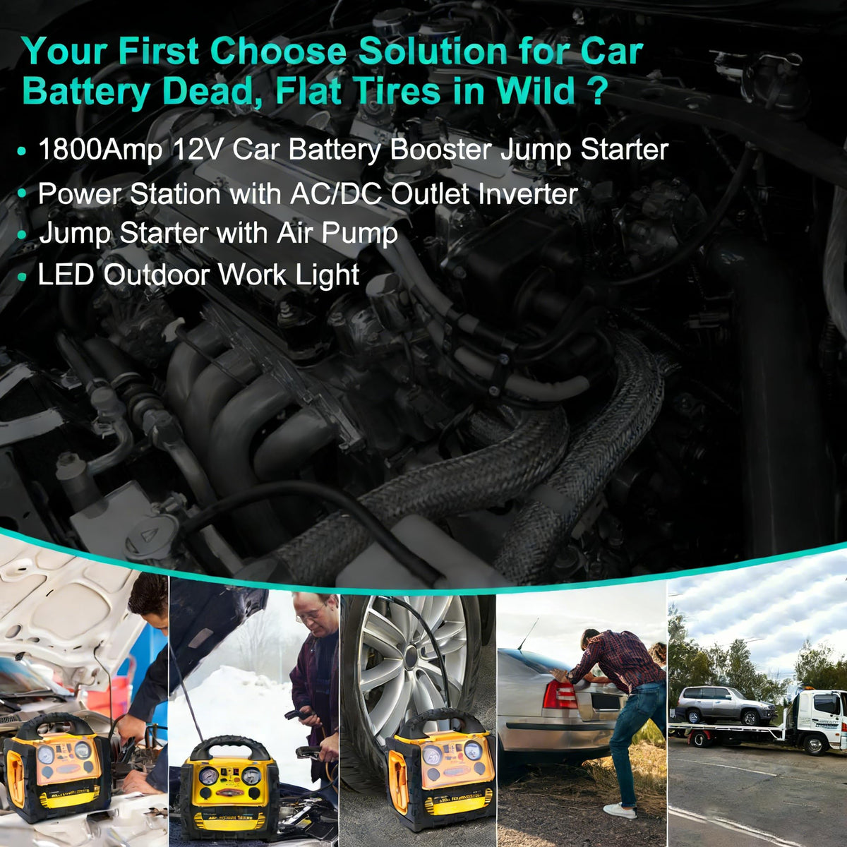 1800A Car Jump Starter with Air Compressor 150PSI,12V Portable Battery Jump Box (8.0L Gas/6L Diesel), Battery Booster with 400W Power Station AC/DC/USB