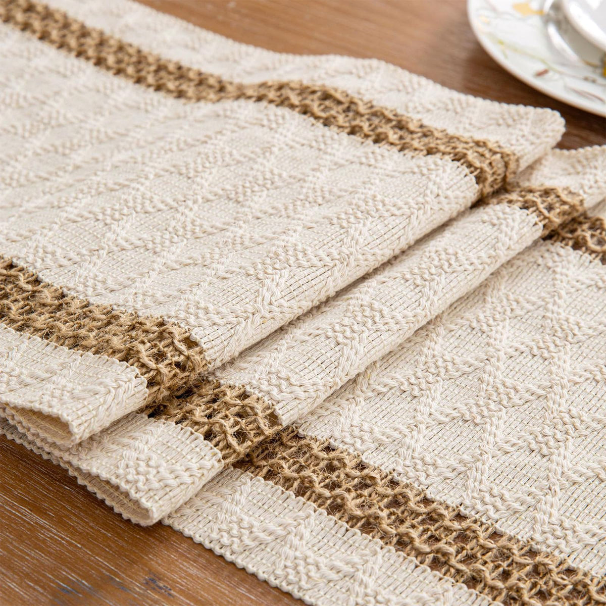 Niviy Boho Table Runner 108 Inches Long Summer Farmhouse Macrame Table Runner Cotton Linen Woven Table Runners for Fall Dining Table Home Decor, Beige & Brown