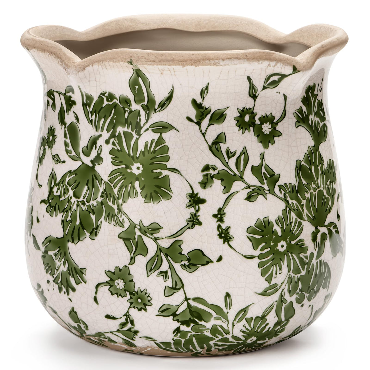 behen bahen Vintage Ceramic Planter Pot with Drainage Holes, Green Floral Design, 6.11 Inch, Distressed Tuscan Style, Indoor Plant Pot and Vase (Green)