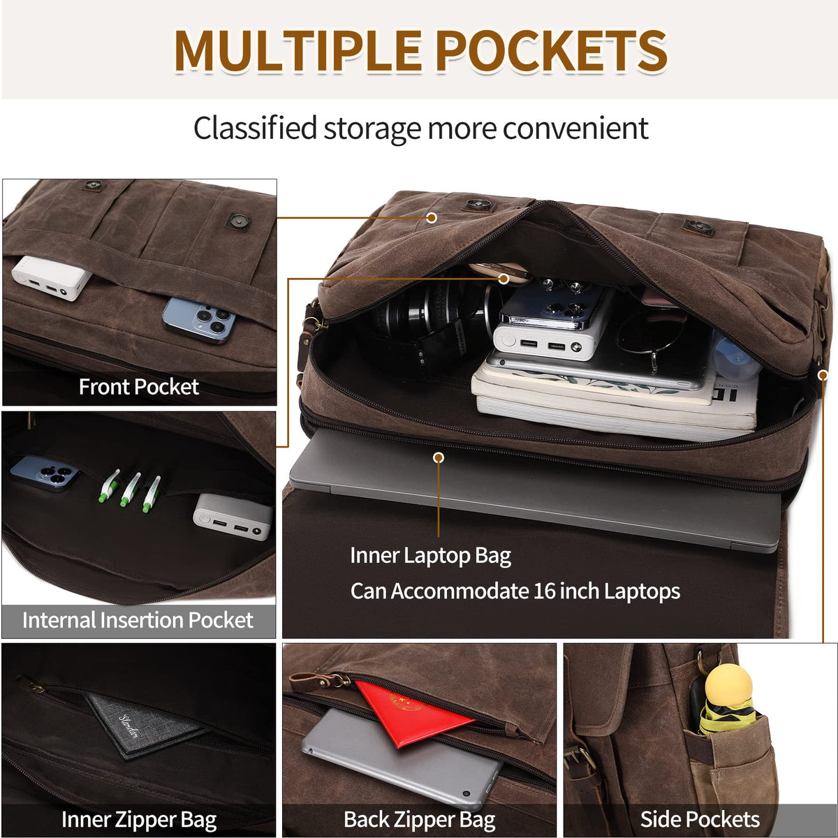 NerIion Messenger Bag for Men 15.6 Inch Vintage Canvas Genuine Leather Briefcase for Men Laptop Bag Waterproof Computer Satchel Shoulder Bag (Brown)