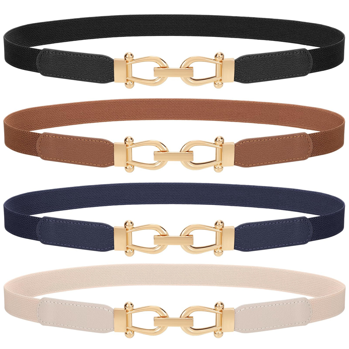 TRIWORKS 4 Pack Skinny Elastic Belts for Women Gold Buckle Thin Stretchy Waist Belts for Dresses