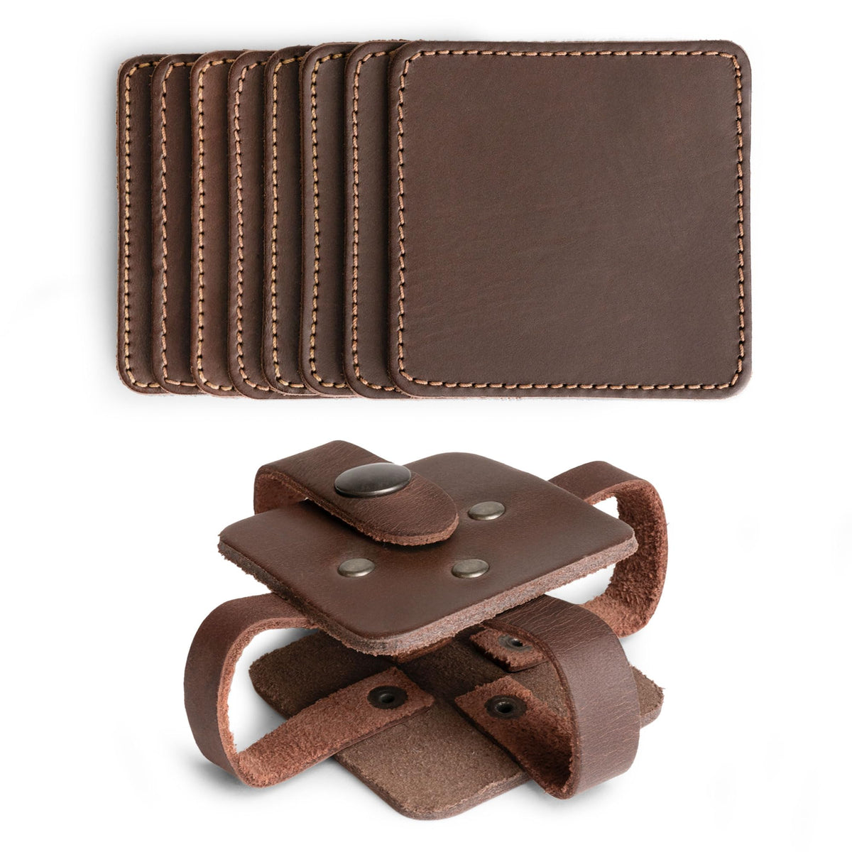 Hide & Drink Leather Coasters Set of 8, Premium Leather Table Protection for Drinks, Elegant Accessory for Home/Office, Protects Surfaces, Bourbon Table Coasters, Bar, Western (Bourbon Brown)