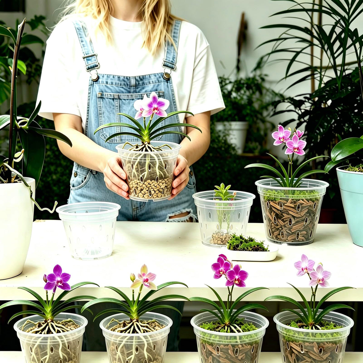Gyfofix 6 Pack 5.9 Inch Clear Plastic Orchid Pots with Drainage Holes, Transparent Breathable Planters for Root Observation, Indoor Outdoor Orchid Cultivation