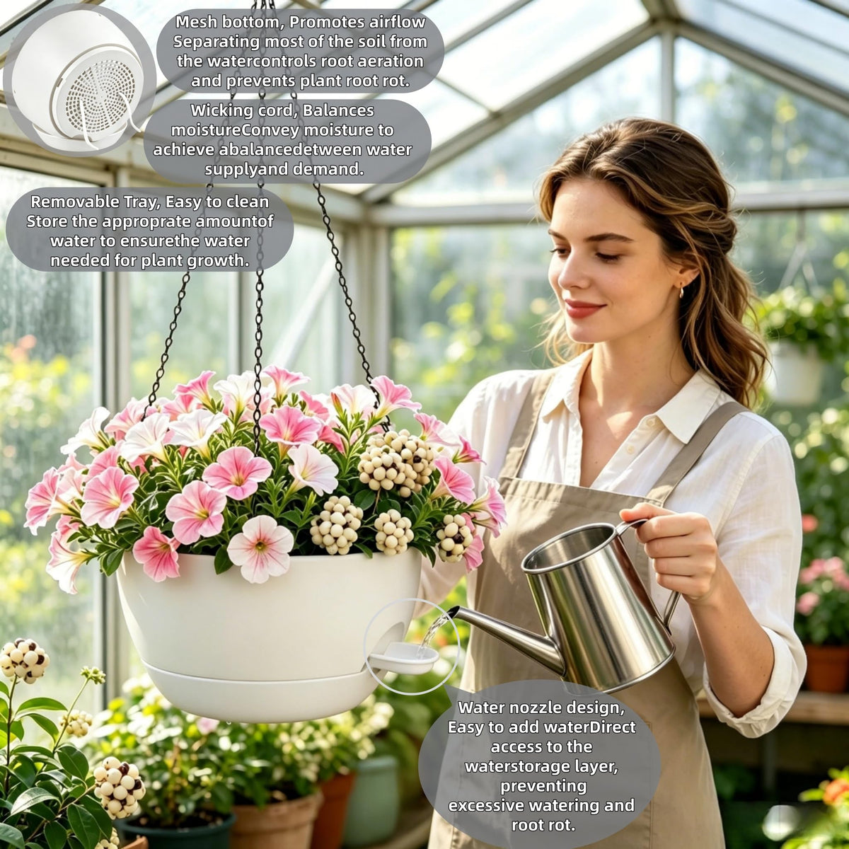 zople 2 Pack 12 Inch Self Watering Hanging Planters for Indoor Plants, Large White Plastic Hanging Pots with Chains for Outdoor Patio Garden Home Decor White