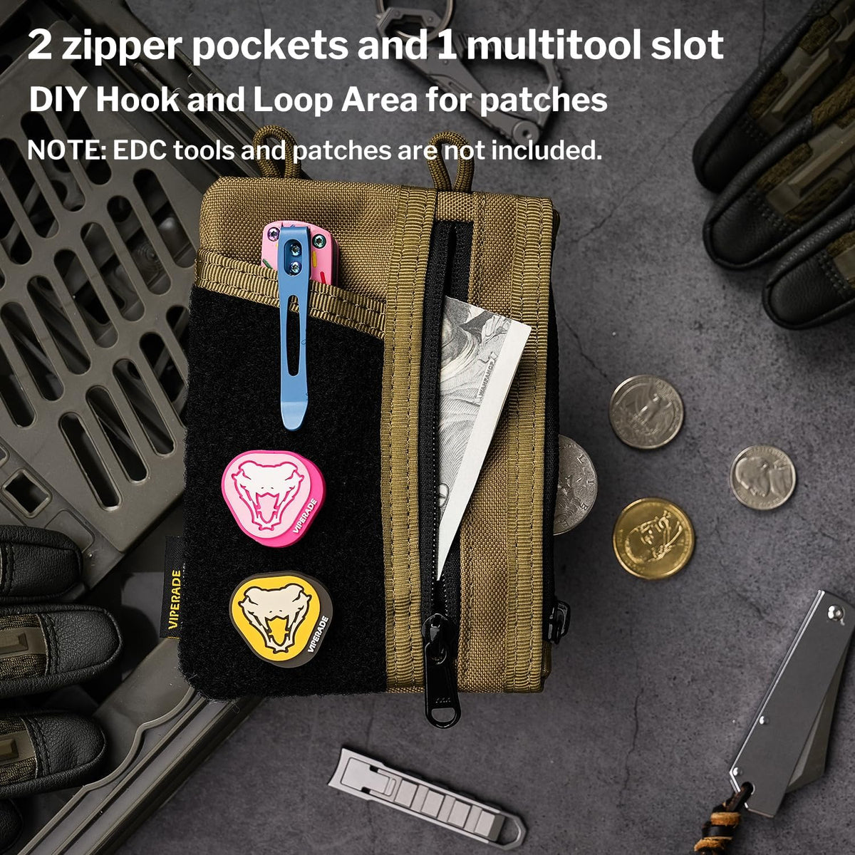 VIPERADE VE18 EDC Pouch, Pocket Organizer for Men, EDC Pocket Organizer, 3 Slots with 2 Zipper Pockets, Multitool Pouch