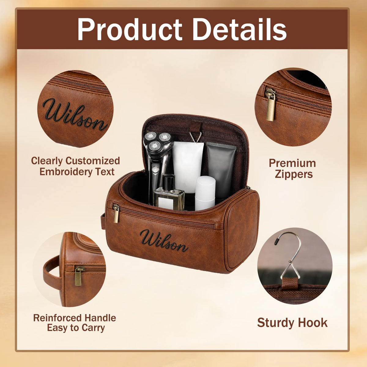JAXVVIQEN Personalized Toiletry Bag for Papa, Custom Embroidery with Name Letter PU Leather Waterproof Toiletry Organizer Dopp Kit Travel Essential for Dad Grandpa Birthday Father's Day (Light Brown)