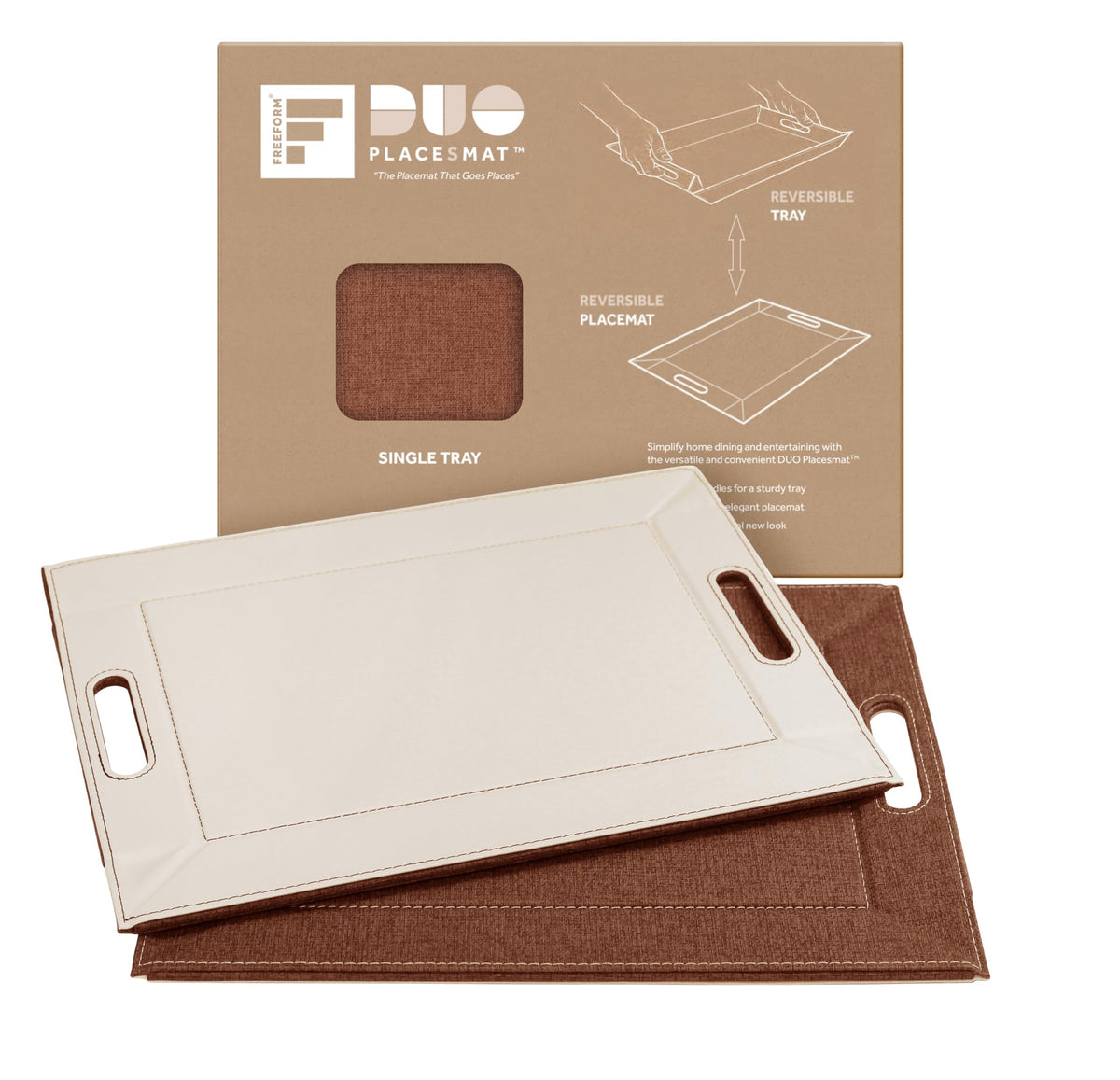 FREEFORM PLACEsMAT 2-in-1 Faux Leather Placemat & Serving Tray | Reversible Design, Lays Flat & Easy to Clean | Ottoman Food Tray, Perfect Housewarming Gift, 18” x 14” (Fabric Tan & Cream, Single)