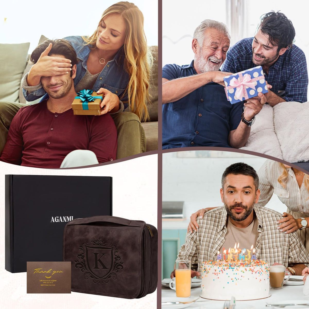 Aganmi Personalized Hanging Toiletry Bag Travel Gifts for Men Him, 3-in-1 Large Laser-Engraved Initial Waterproof PU Leather Shaving Bag Valentines Birthday Gift for Men Dad Husband Dark Brown M