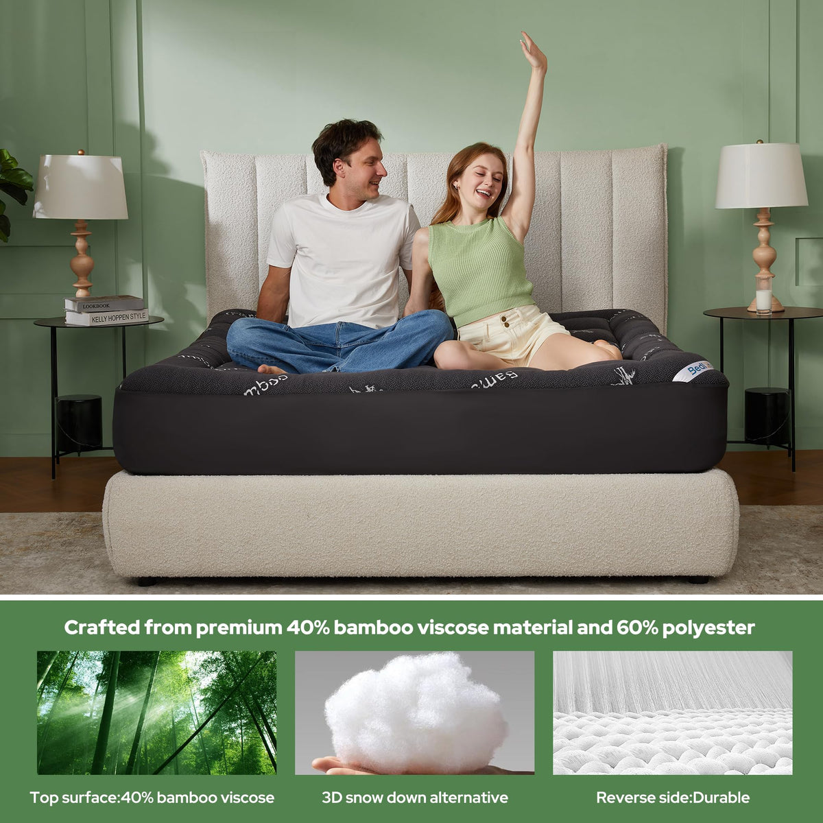 BEDLORE Queen Mattress Topper Viscose Derived from Bamboo, Thick Pillow Top Mattress Pad with Stretchable Pockets for 6-18 inches Mattress, Soft Mattress Topper for Back Pain Relief(Dark Gray)