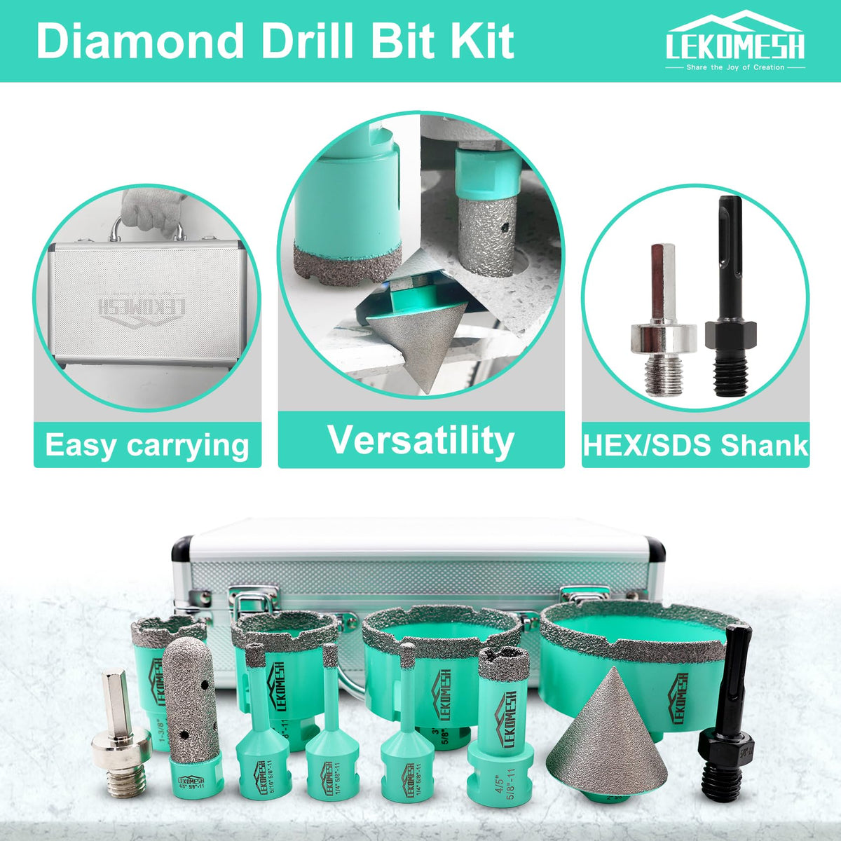 Tile Hole Saw Kit Diamond - LEKOMESH 6-100mm Diamond Core Drill Bits Set with 20mm Finger & 50mm Chamfer Bit & SDS/HEX Adapter for Porcelain Ceramic Marble Concrete Brick, 5/8"-11 Thread