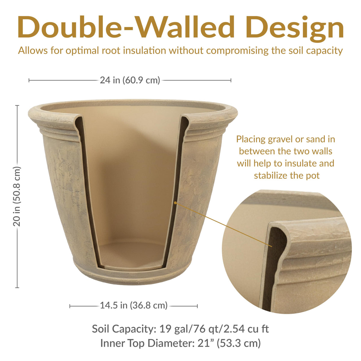 Sunnydaze 24-Inch Anjelica Large Plastic Pot for Plants - Outdoor Double-Walled Large Plastic Planter with Drillable Drainage Holes - Beige - 4pk