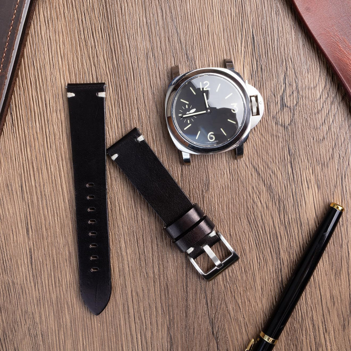 Berfine 18mm Leather Watch Band for Men Women, Vintage Handmade Quick Release Watch Strap Replacement, Thick Single layer, Black